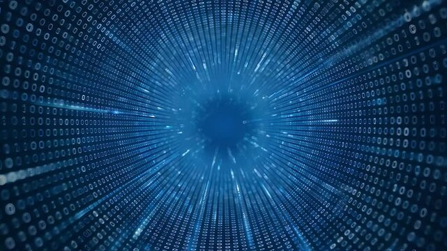 Abstract digital data tunnel with binary code flowing into the center concept