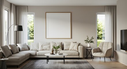 Fototapeta premium Modern Living Room: A stylish, contemporary living space, bathed in natural light. Featuring a comfortable sectional sofa, elegant armchair.