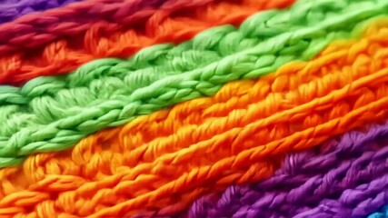 A Vibrant Crochet Texture: The image showcases a close-up of colorful crochet texture, featuring a rainbow of hues in a diagonal pattern that embodies warmth and cozy. 