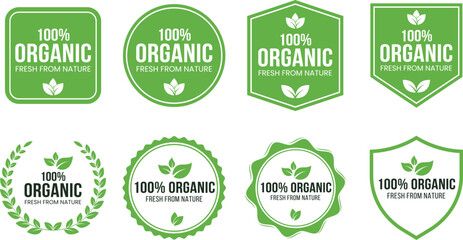 Set of green 100 percent organic product labels with leaves, eco-friendly certified food and natural skincare packaging use perfect for branding and retail design.

