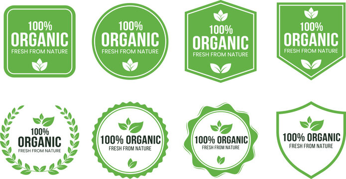Set of green 100 percent organic product labels with leaves, eco-friendly certified food and natural skincare packaging use perfect for branding and retail design.

