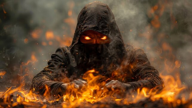 Hooded figure enveloped in flames, glowing eyes piercing through smoke, eerie and intense