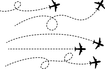 Airplane with dotted flight path on transparent background, vector illustration of twisted, curved, and straight dashed routes