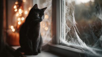 A black cat sits by a window, gazing outside. Spider webs are visible in the corner, creating a spooky Halloween atmosphere with warm lights in the background.