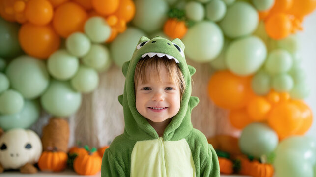 A young Caucasian boy smiles while wearing a green dinosaur costume. Colorful balloons in shades of green and orange create a festive Halloween backdrop.