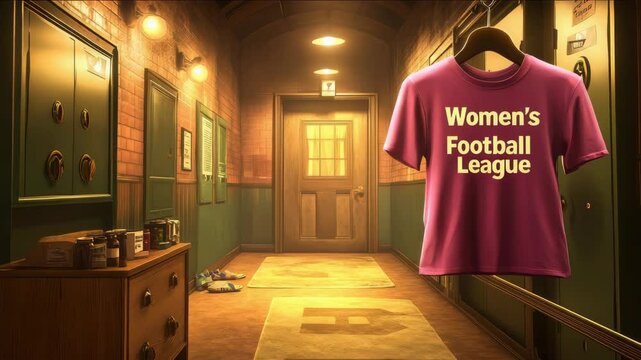 A red t-shirt that says Women's Football League. It is hanging on a hook