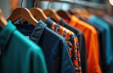 Row of mens shirts hanging on wooden hangers. Features vibrant colors, patterns. Metal clothing rack displays casual attire in boutique store interior. Organized apparel for shopping fashion design.