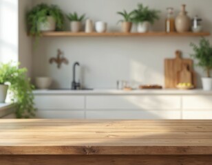 Natural wood table surface in focus, blurred kitchen background with plants, sink and cabinets. Warm sunlight illuminates clean modern interior space, ideal for food photography or product display.