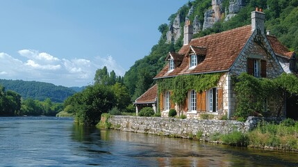 Obraz premium Quaint stone house with tile roof sits beside a river under a blue sky with lush greenery