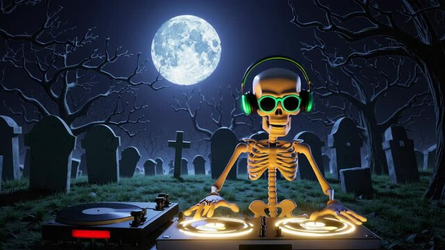 Seamless animation of a skeleton dijing with turntables in a cemetery at night. Funny halloween background