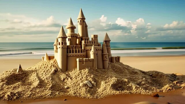 Sandcastle by the Sea: A magnificent sandcastle rises majestically on a sun-kissed beach, its intricate towers and turrets catching the gentle sea breeze.