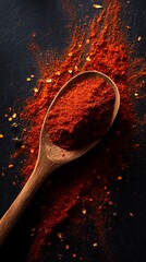 Vibrant Red Chili Powder in Wooden Spoon on Black Background,pepper,flakes
