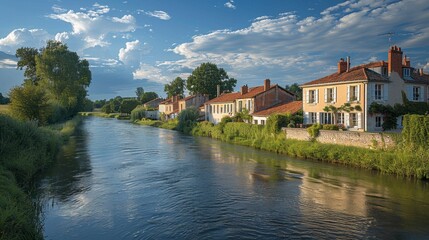 Fototapeta premium Idyllic riverside town. Homes line canal under blue sky with clouds. Peaceful, serene, and beautiful