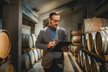 Adult man winemaker hold glass stand between the barrels in cellar