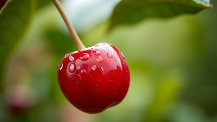 A close-up of a ripe cherry with water droplets, vibrant red against a softly blurred background.