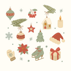 Set of vintage Christmas elements in hand-drawn vector style. Includes tree toys, poinsettia, mittens, skates, Santa hat, candle, berries, gifts. Soft muted tones. Great for cards, decor, print, web.