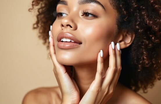 Young woman with curly afro hair gets beauty care. Close-up of face shows healthy skin, perfect nails, styled hair. Focus on natural beauty, skin hydration, promoting facial wellness, cosmetology.