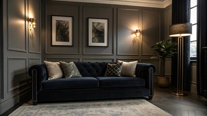 Elegant Dark Living Room Interior with Navy Blue Sofa, Ornate Wall Decor, and Art Prints