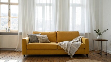 Fototapeta premium Minimalist Room with a Mustard Yellow or Burnt Orange Sofa, Soft Sheer Curtains, and Rustic Wooden Flooring