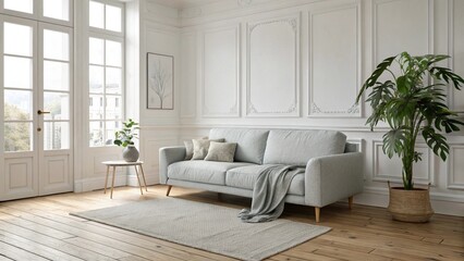 Fototapeta premium Minimalist Scandinavian Living Room with Light Grey Sofa, Large Monstera Plant, and Chevron Parquet Flooring