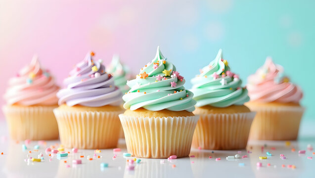 A vibrant assortment of colorful cupcakes topped with swirls of smooth buttercream frosting in pastel shades—pink, mint green, lavender, baby blue, and peach - Powered by Adobe
