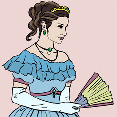 Victorian lady with fan in cartoon style. Vector, isolated.