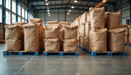 Warehouse interior featuring stacks of brown paper bags on blue pallets. Goods neatly organized for storage, distribution. Industrial setting with bulk materials ready for shipping, inventory