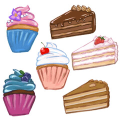 Sweet set with different cakes and cupcakes. Hand draw, vector with pencil texture and light pastel colors. 