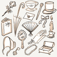 Old paper style. Victorian romantic elements set. Hand draw doodle. Vector, isolated.