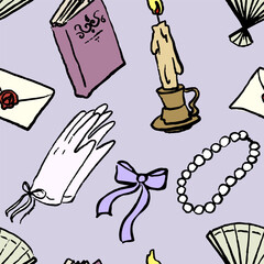 Seamless pattern with romantic Victorian style elements. Hand draw doodle with texture. Vector, isolated. 