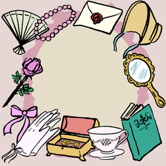 Frame with romantic elements. Victorian style. Hand draw doodle. Vector, isolated. Ink texture.