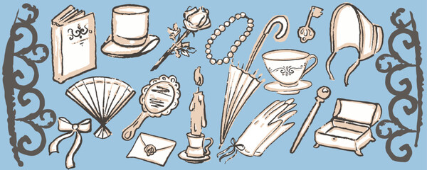 Banner with romantic vintage elements. Victorian style. Hand draw doodle. Vector, isolated. Ink texture. Regency Roman.