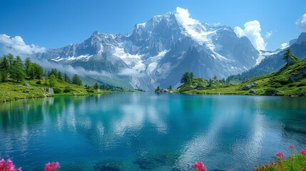 Alpine lake with snow-capped mountains under a clear blue sky. Turquoise water and green meadows