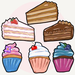 Different cakes and cupcakes. Hand draw, vector with pencil texture and light pastel colors in cartoon style. 