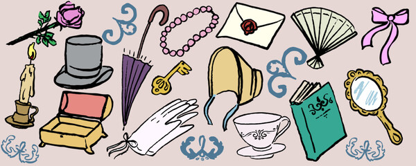 Banner with romantic elements. Victorian style. Hand draw doodle. Vector, isolated. Ink texture.