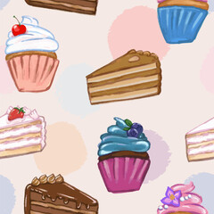 Sweet pattern with sweets, cakes and cupcakes. Hand draw, vector pattern with texture and interesting colors. 
