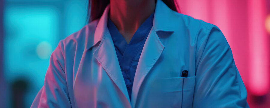 Medical pro in white lab coat with blue scrubs, stethoscope around neck. Colorful blue, pink neon lights create atmosphere of modern clinic. Focus on health care, technology, medical innovation.