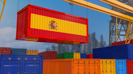 3D rendering of a shipping container with the Spanish flag suspended from a crane in a port dock.
