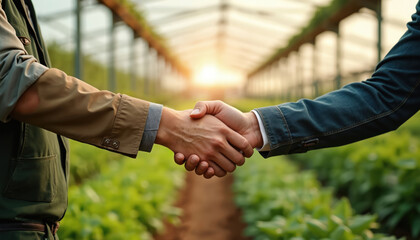 Farmer, businessman shake hands in greenhouse, agreeing on partnership for organic produce. Deal signifies cooperation in agriculture, future growth, success in food industry. Generative AI supports