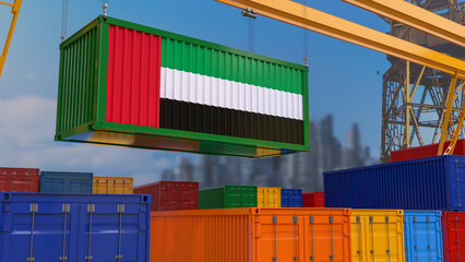 3D rendering of a shipping container with the United Arab Emirates flag suspended from a crane in a port dock.