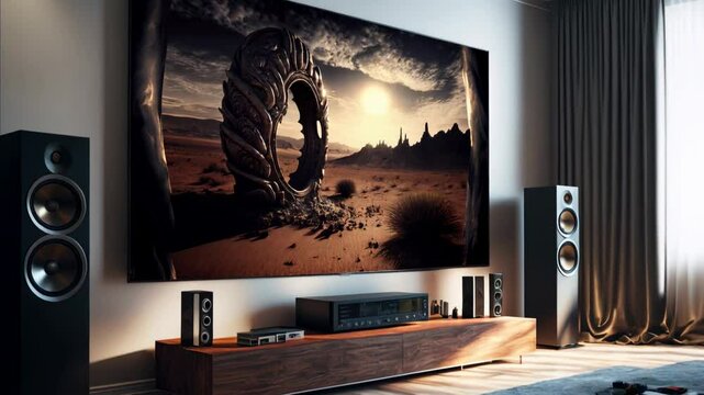 Modern television set in living room, big TV screen installed on wall in luxury apartment interior, theme of home theater and design.