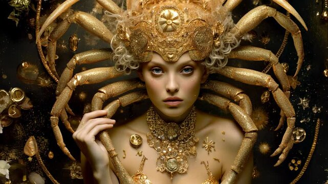 Young woman in costume of Zodiac sign of Cancer, girl model and crab on dark background for astrology theme, concept of fashion, horoscope and fantasy