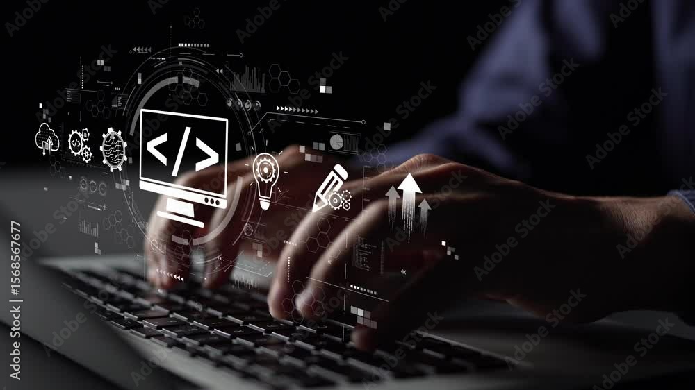 Poster modern web development concept featuring coding symbols, web development process, web development in