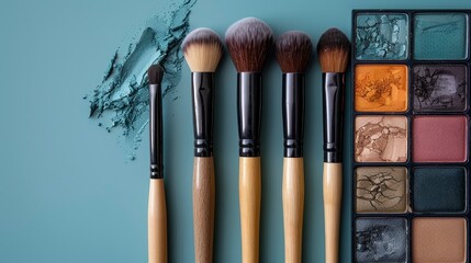 Makeup palette and brushes on blue background, with eyeshadow smudge. Flat lay