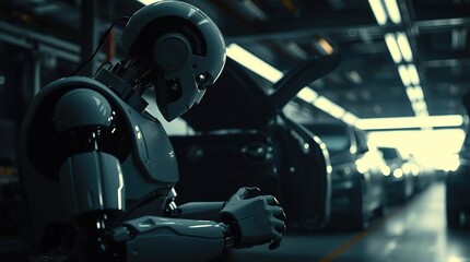 Fototapeta premium Robot in auto factory with car assembly.