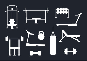 Gym equipment silhouette exercise workout accessories isolated set. Vector flat graphic design illustration	