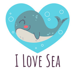 Whale cartoon cute sea animal isolated i love sea concept. Vector graphic design illustration