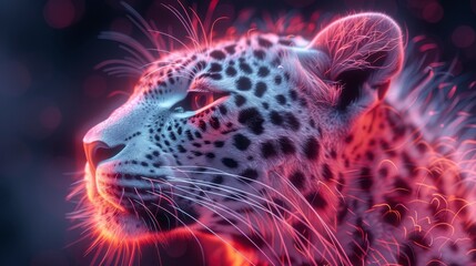 Jaguar's face lit with red and blue glow, facing right
