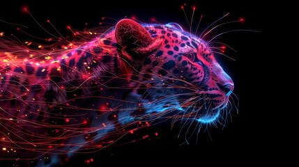 Digital jaguar with glowing red and blue energy streams against black