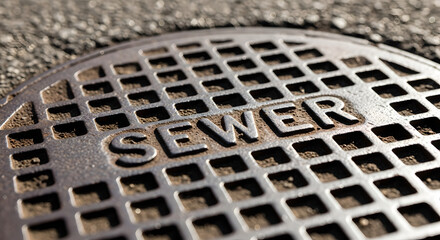 Circle metal sewer manhole cover with textured surface on an asphalt road. Drainage system infrastructure for city utility
